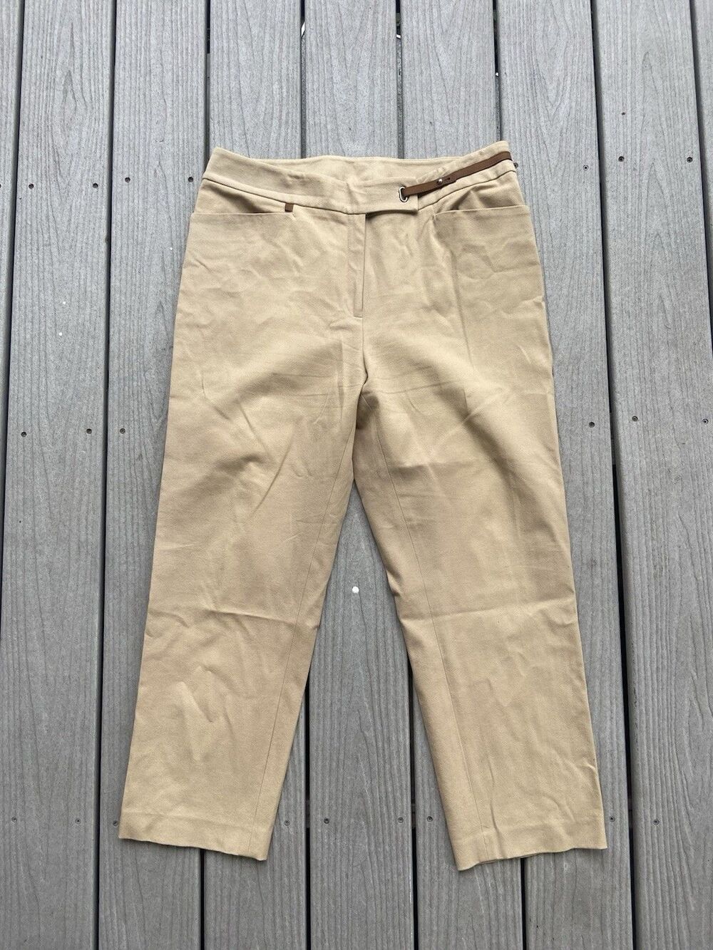 Y2K Lauren Ralph Lauren Women’s 16 Tan Cropped Capri Pants Stretch Belt Detail